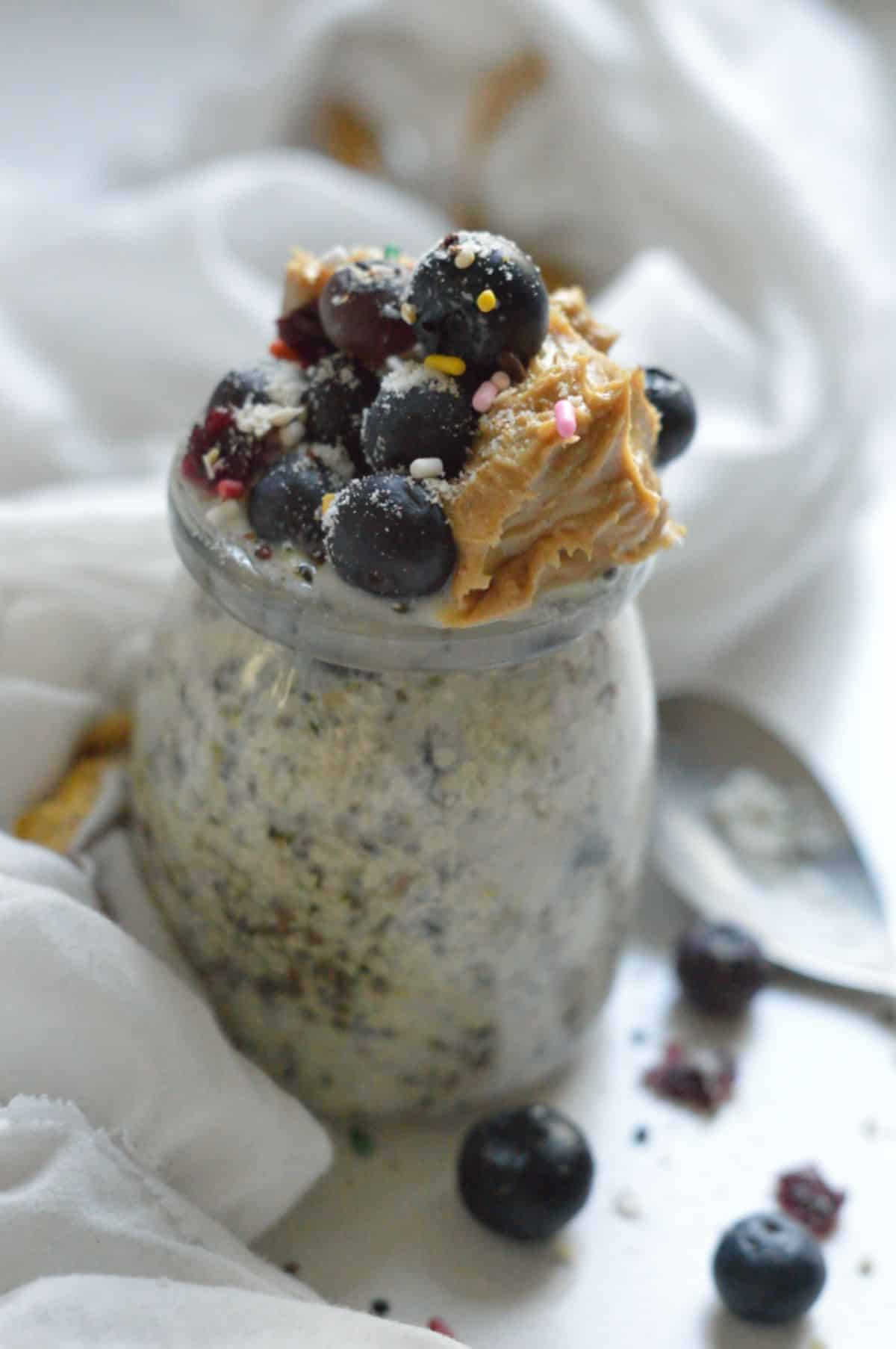 Keto Overnight Oats in a glass jar.