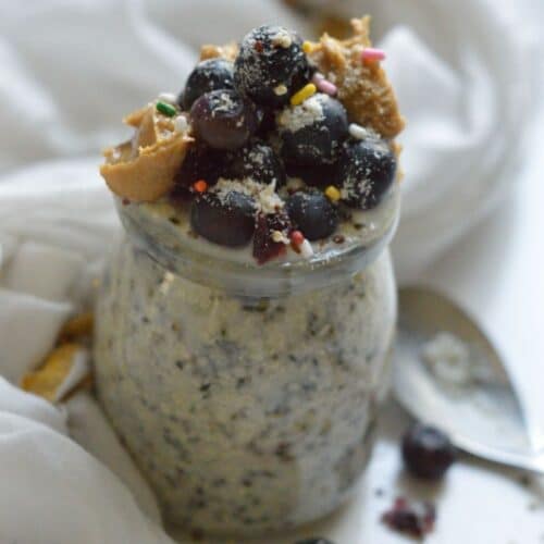 Keto Overnight Oats in a glass jar.