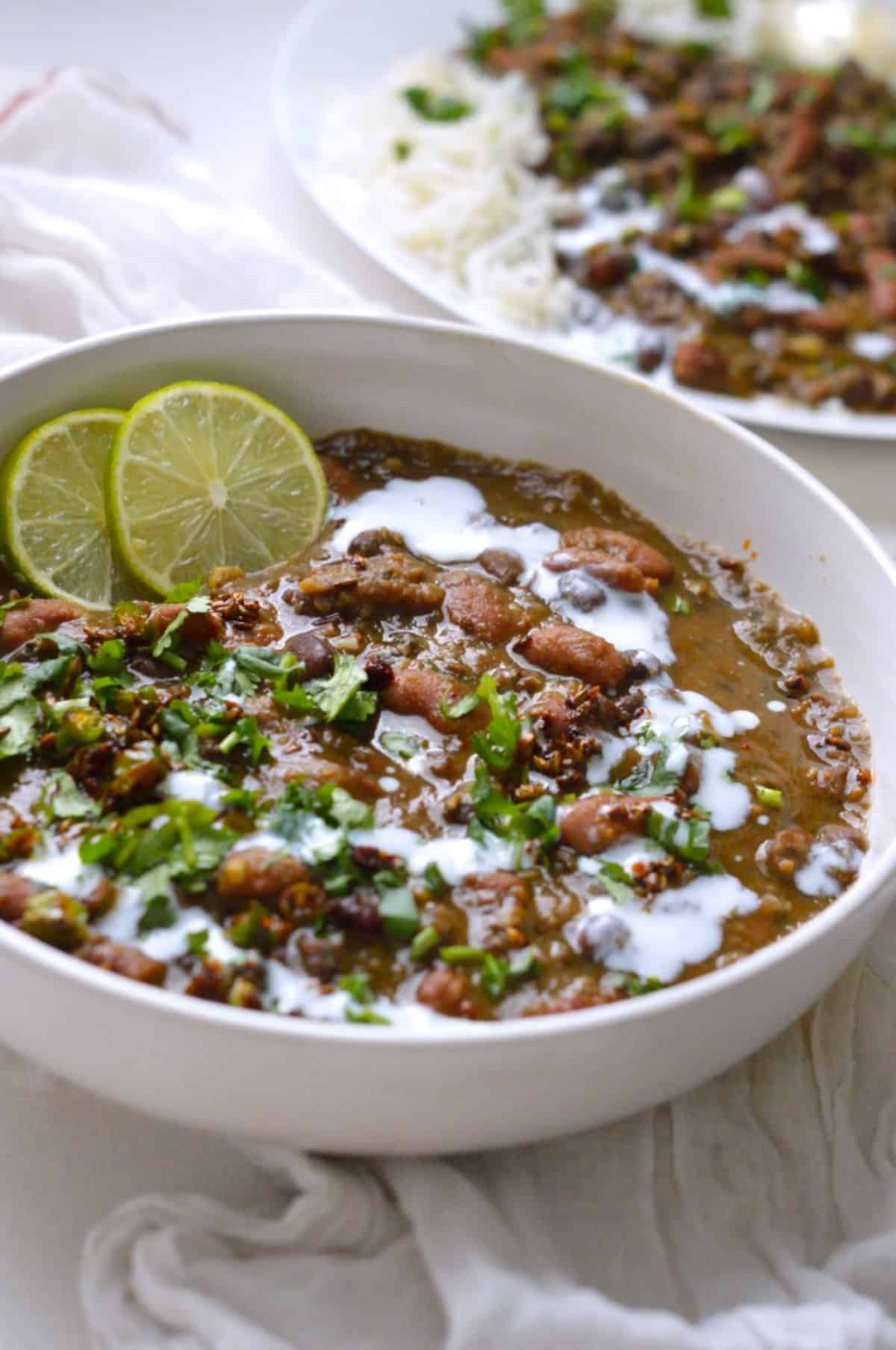 Madras Lentils dish in a white bowl.