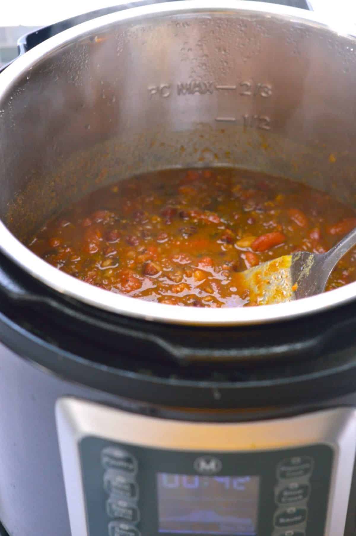 Madras Lentils dish cooking in instant pot.