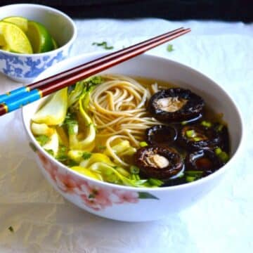 Masala Ramyun dish in a white bowl with chopsticks.