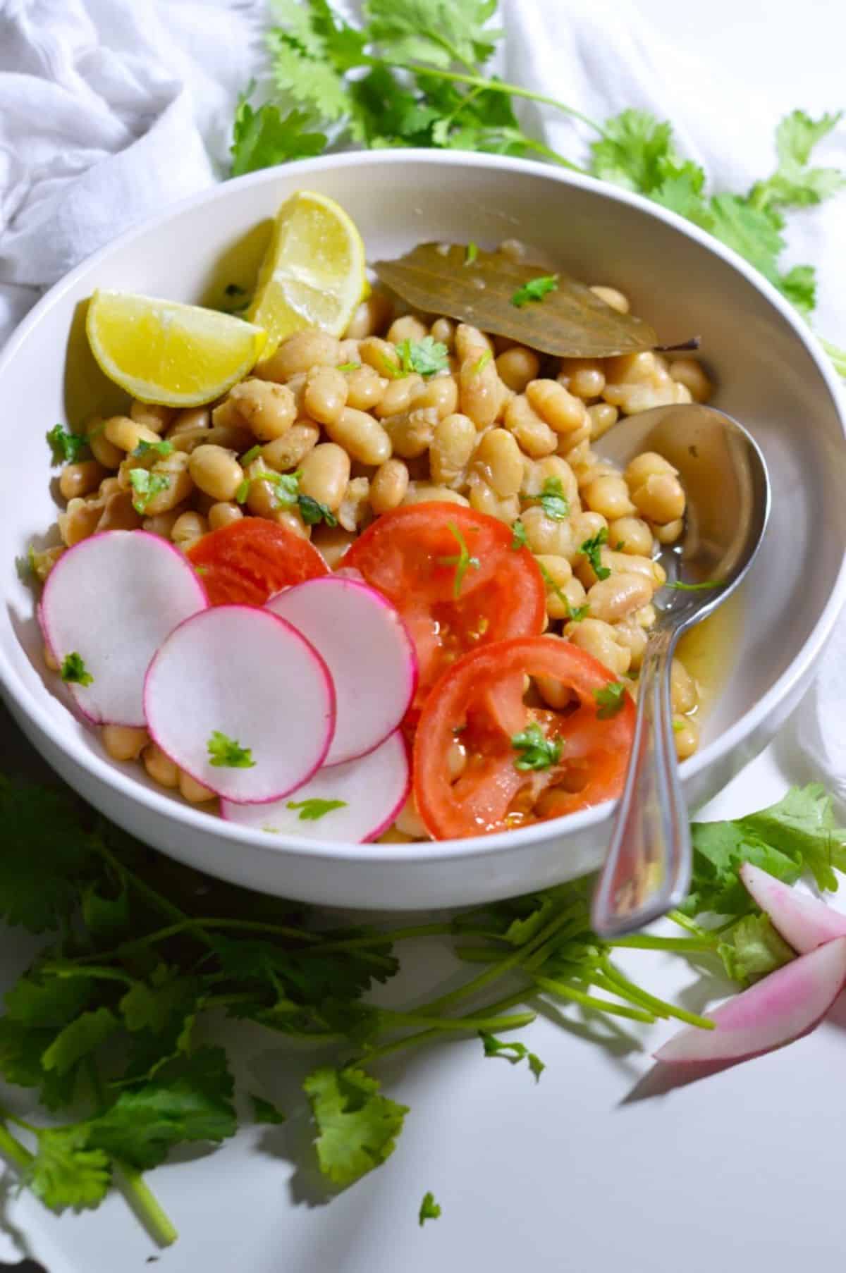 Instant Pot Mayocoba Beans in a white bowl with a spoon.