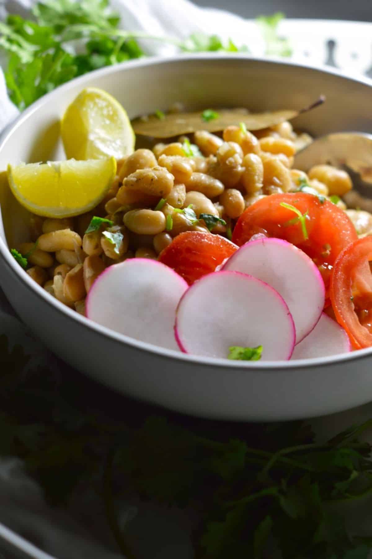 Instant Pot Mayocoba Beans in a white bowl.