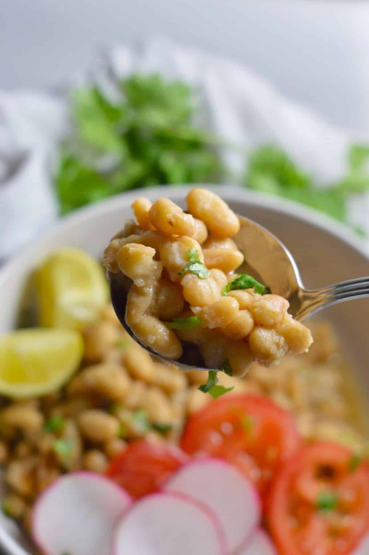 Instant Pot Mayocoba Beans on a spoon.