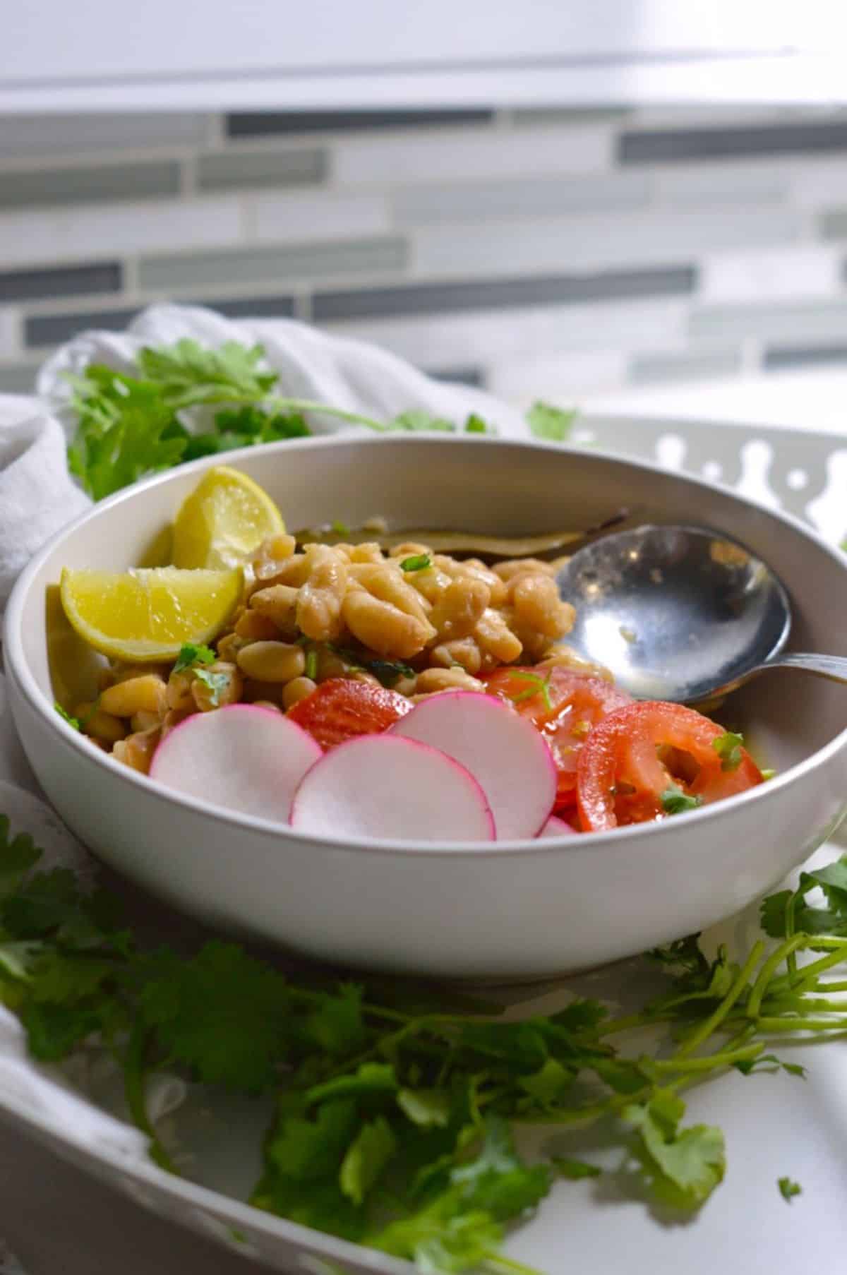 Instant Pot Mayocoba Beans in a white bowl with a spoon.