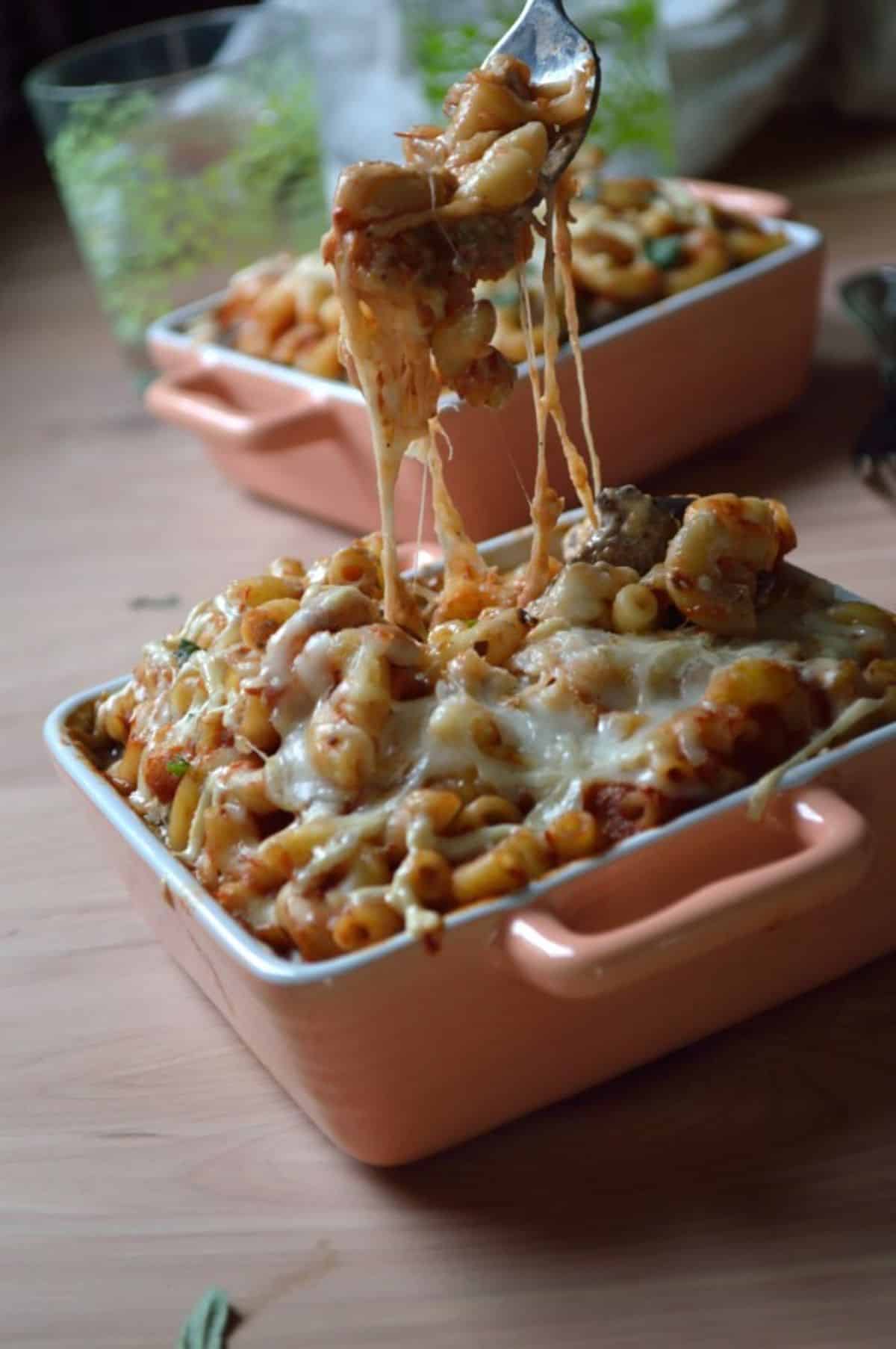 Pasta Eggplant Bake Casserole picked by a fork.