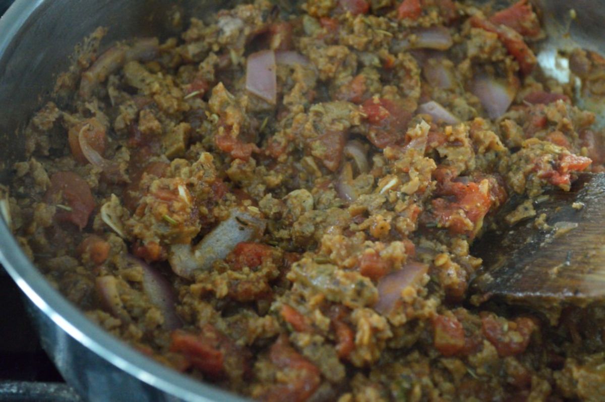 Pasta Eggplant Bake Casserole mixture in a pot.