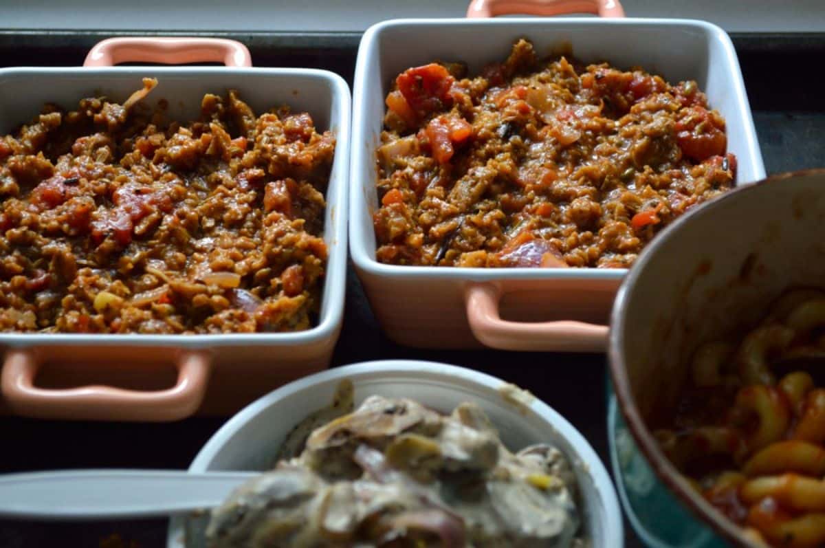 Pasta Eggplant Bake Casserole process of layering.