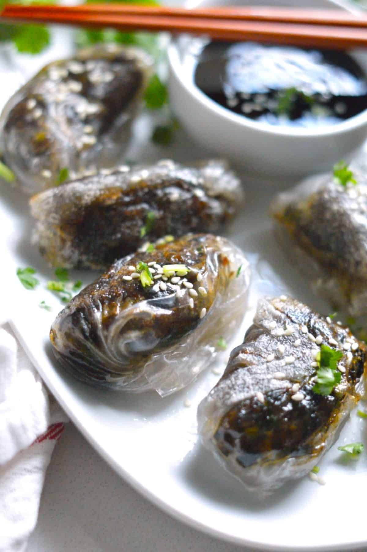 Rice Paper Dumplings on a white tray.