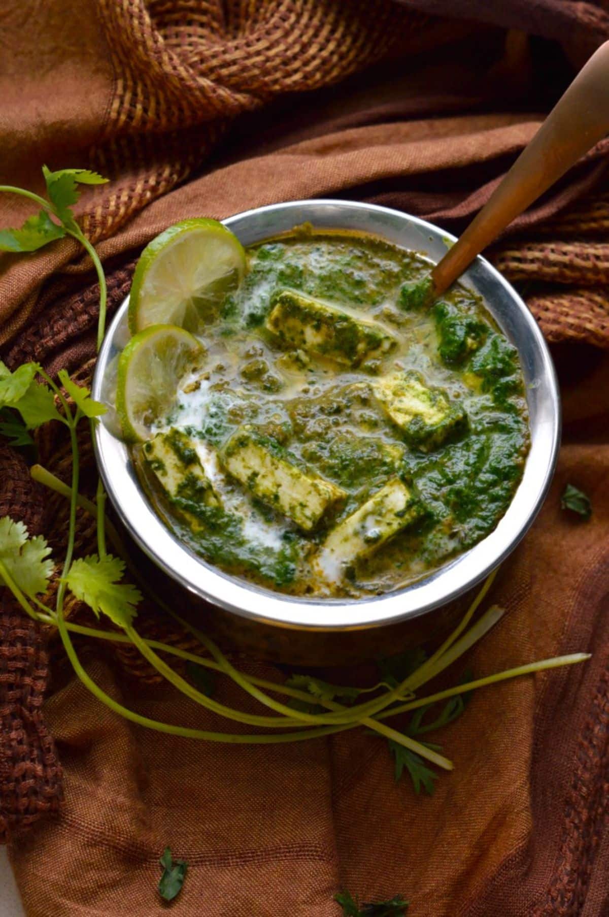 Saag Paneer dish in a bowl with a spoon.