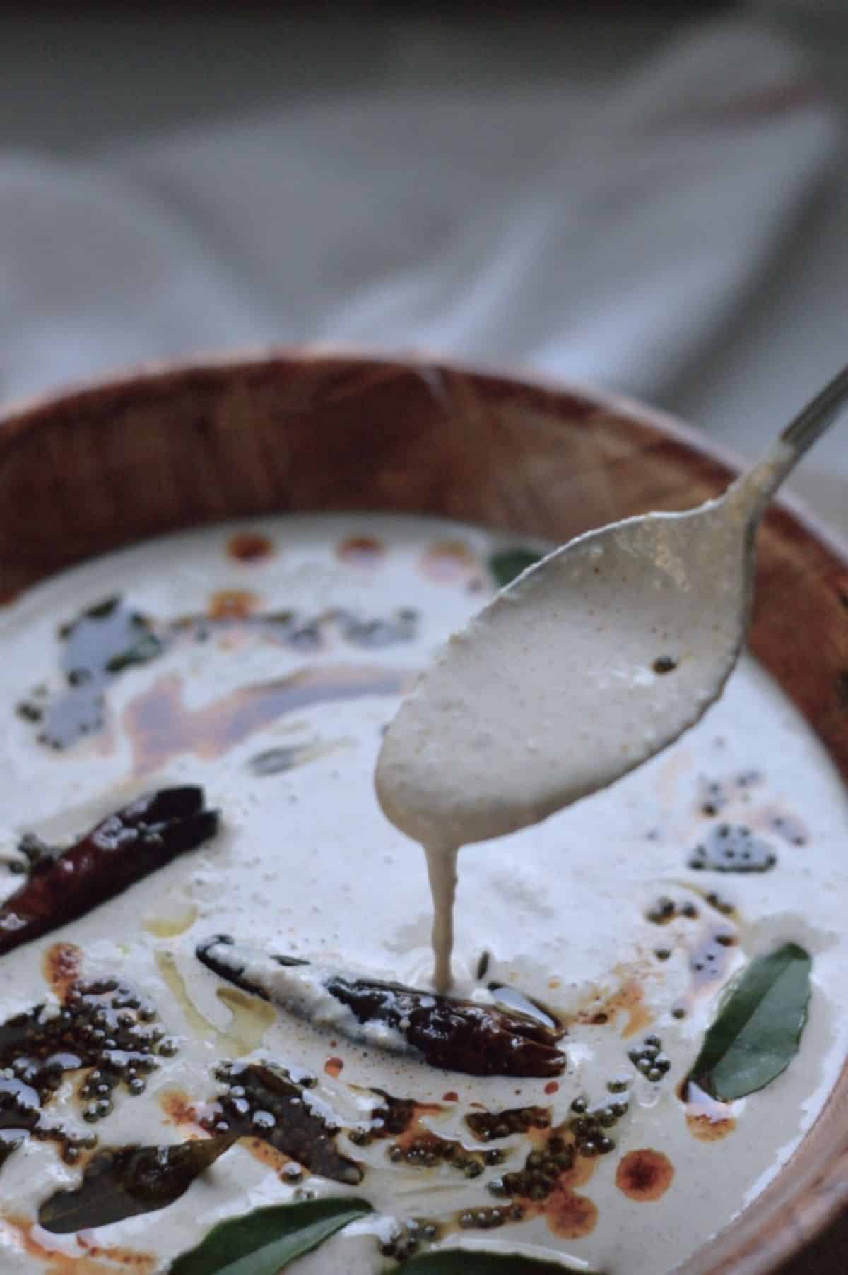 Spicy Cashew Chutney on a spoon and in a bowl.