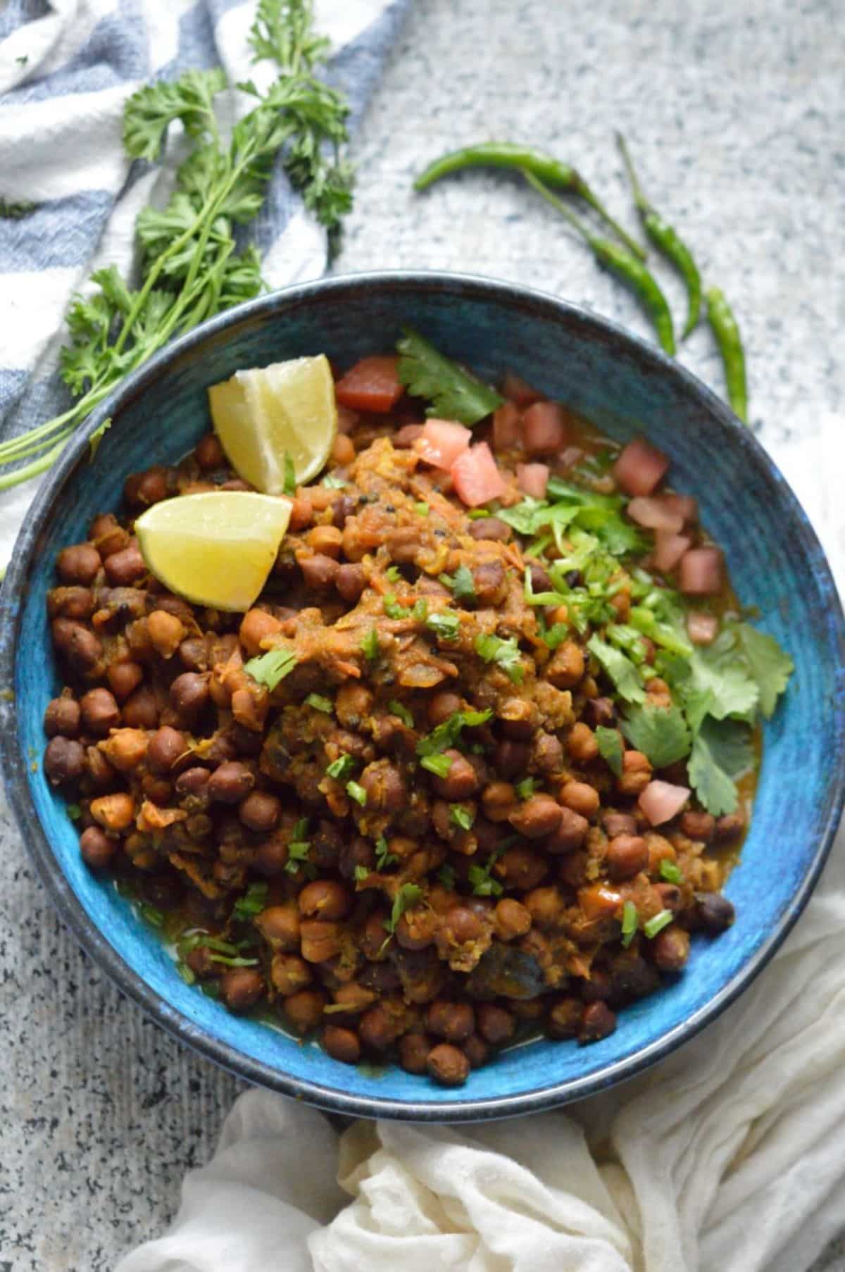 Sukha Chana dish in a blue bowl.