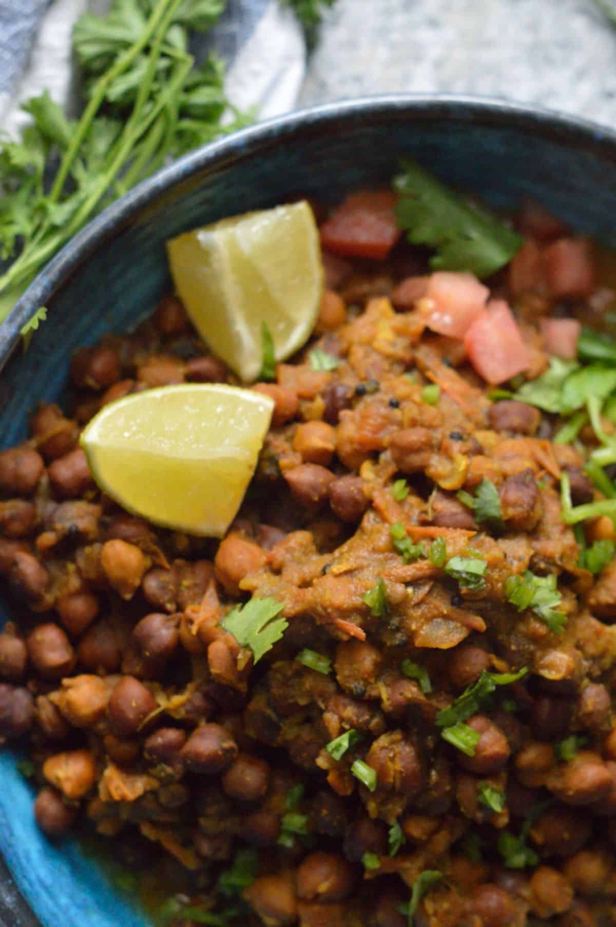 Sukha Chana dish in a blue bowl.