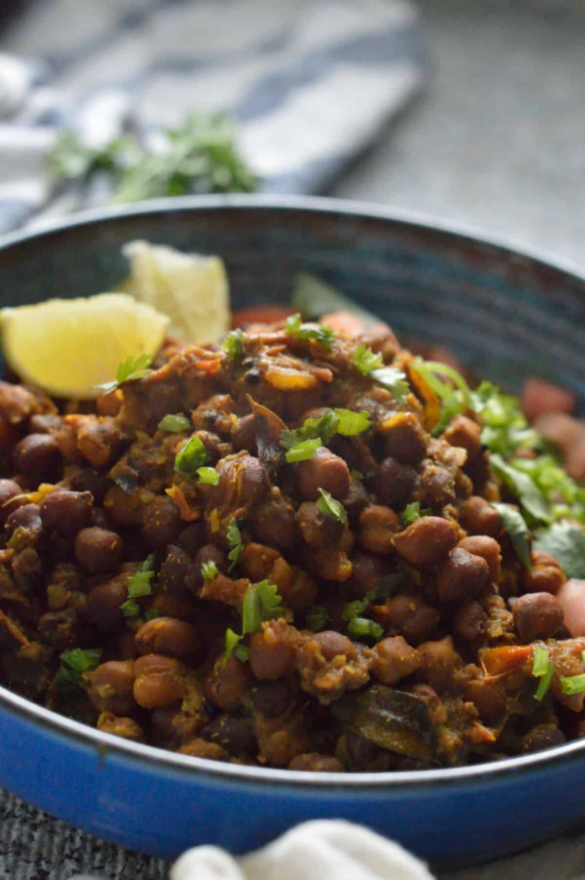 Sukha Chana dish in a blue bowl.