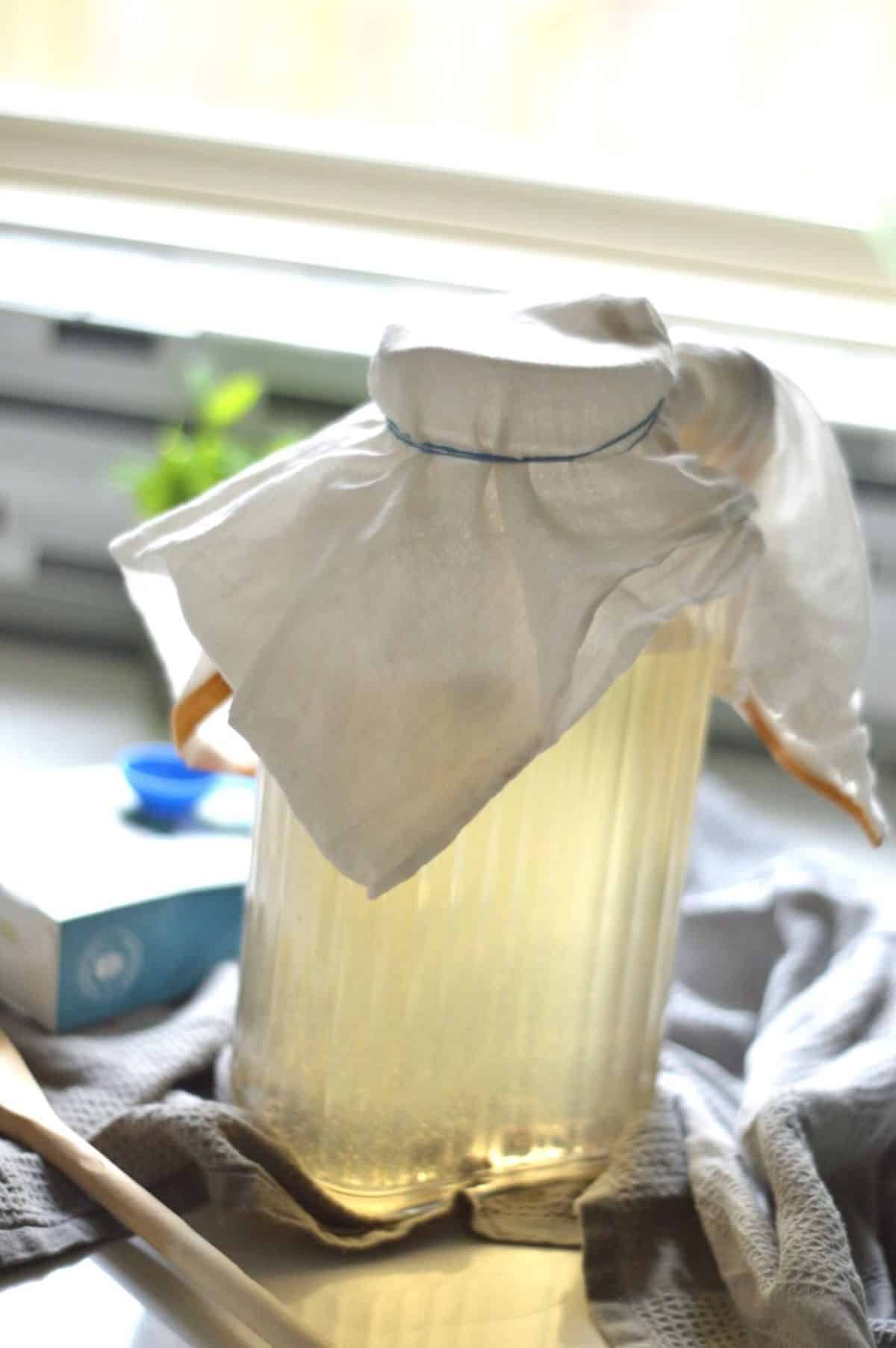 Glass jar covered with a piece of cloth.