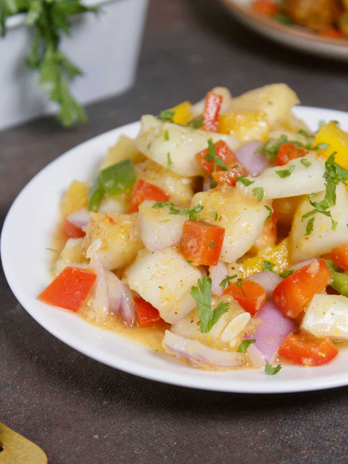 side view of cucumber bell pepper lentil salad