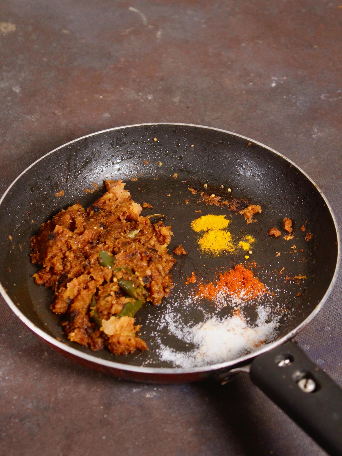 add powdered spices to the pan 