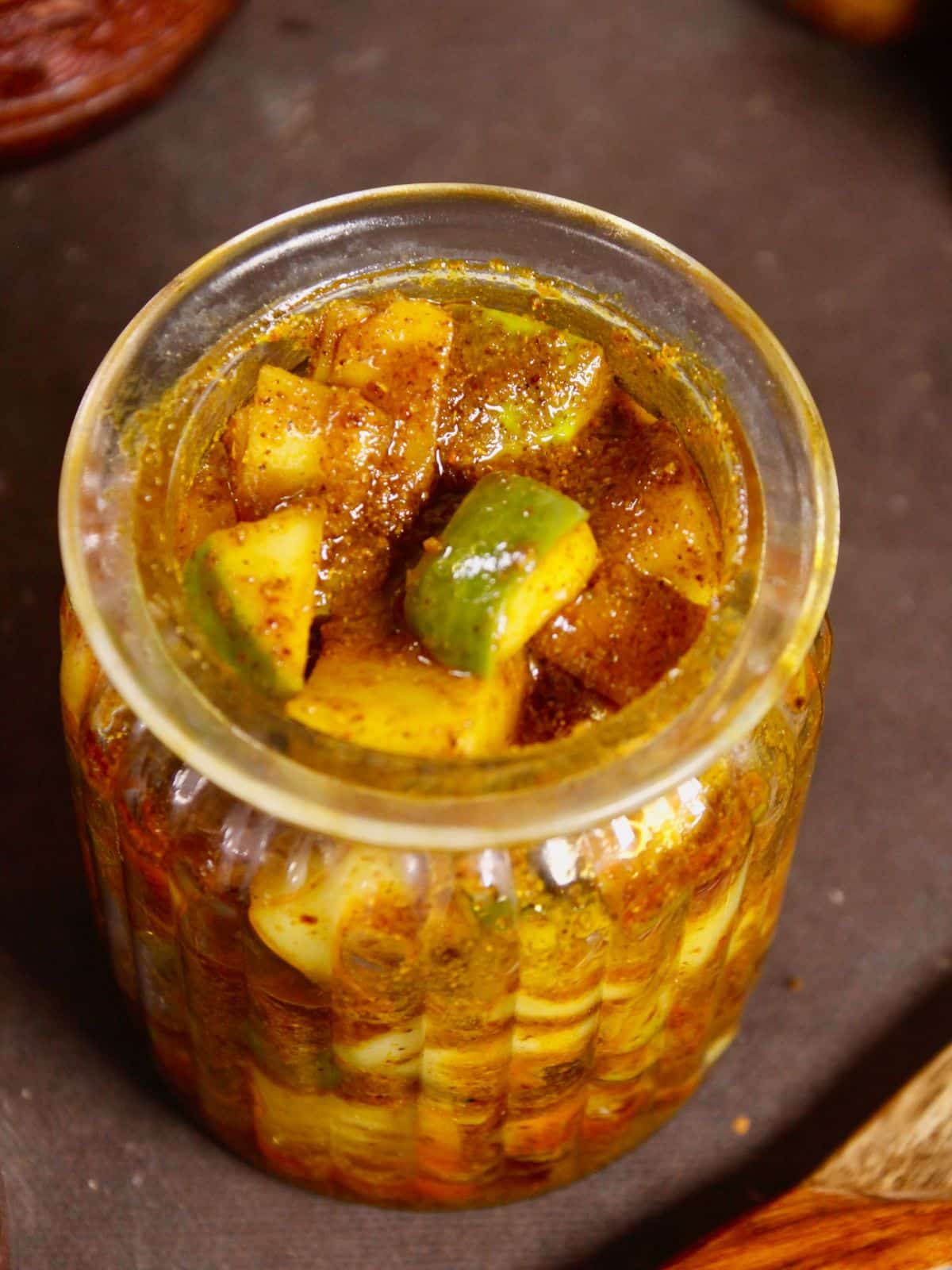 top view of instant raw mango pickle
