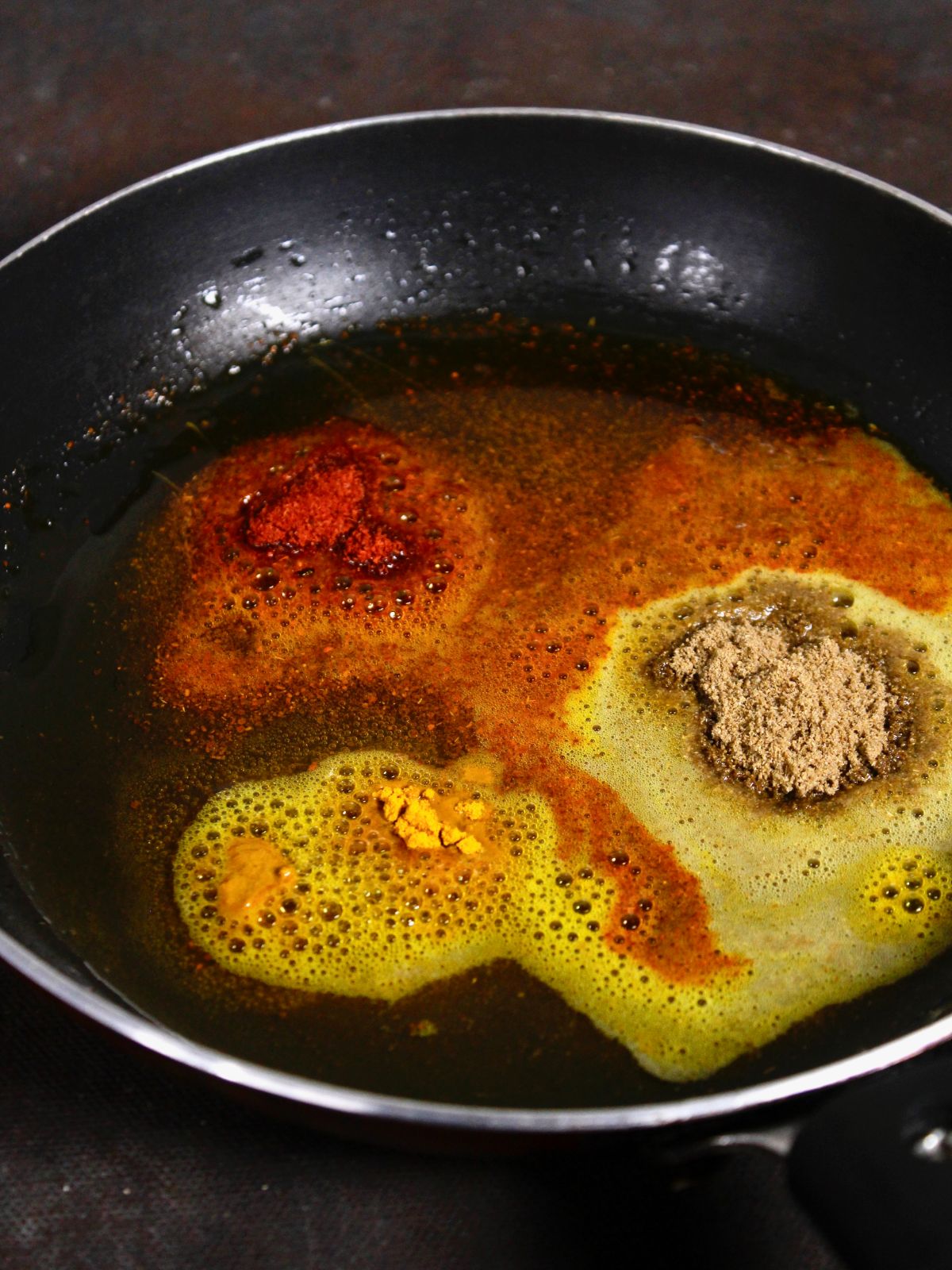 add oil and powdered spices in a pan and saute 