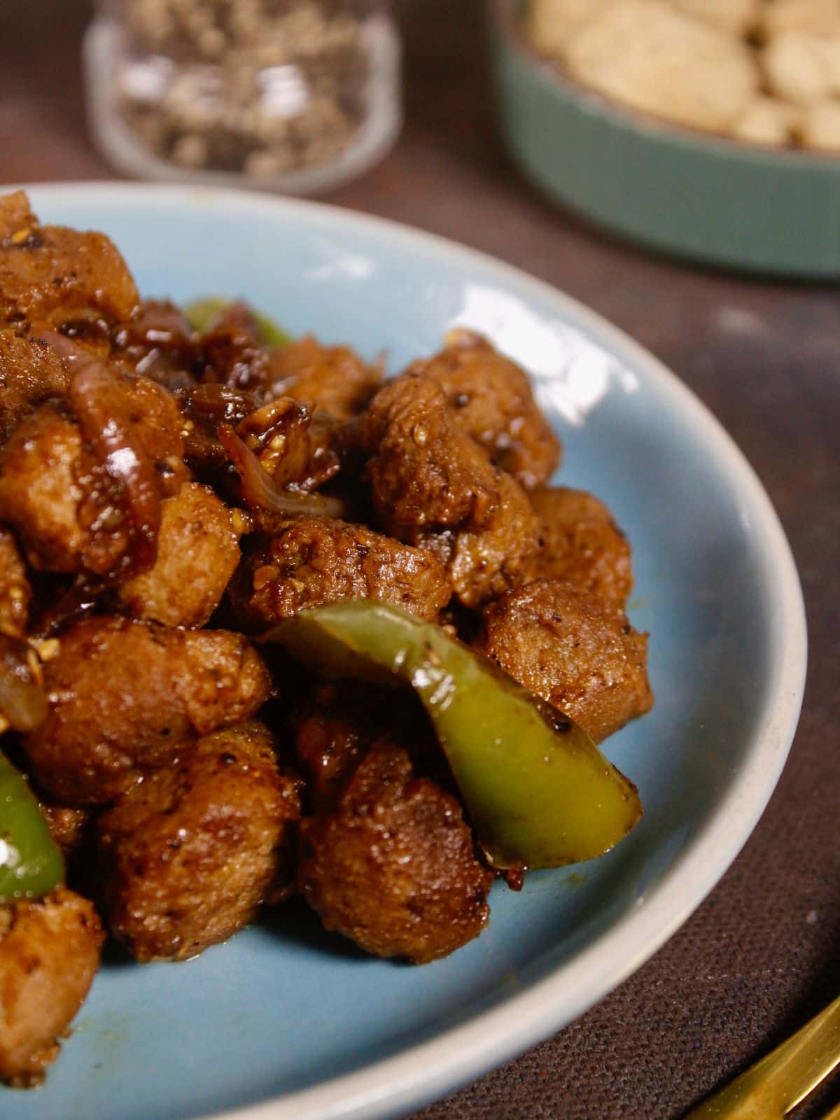 side view of soya chunks pepper fry