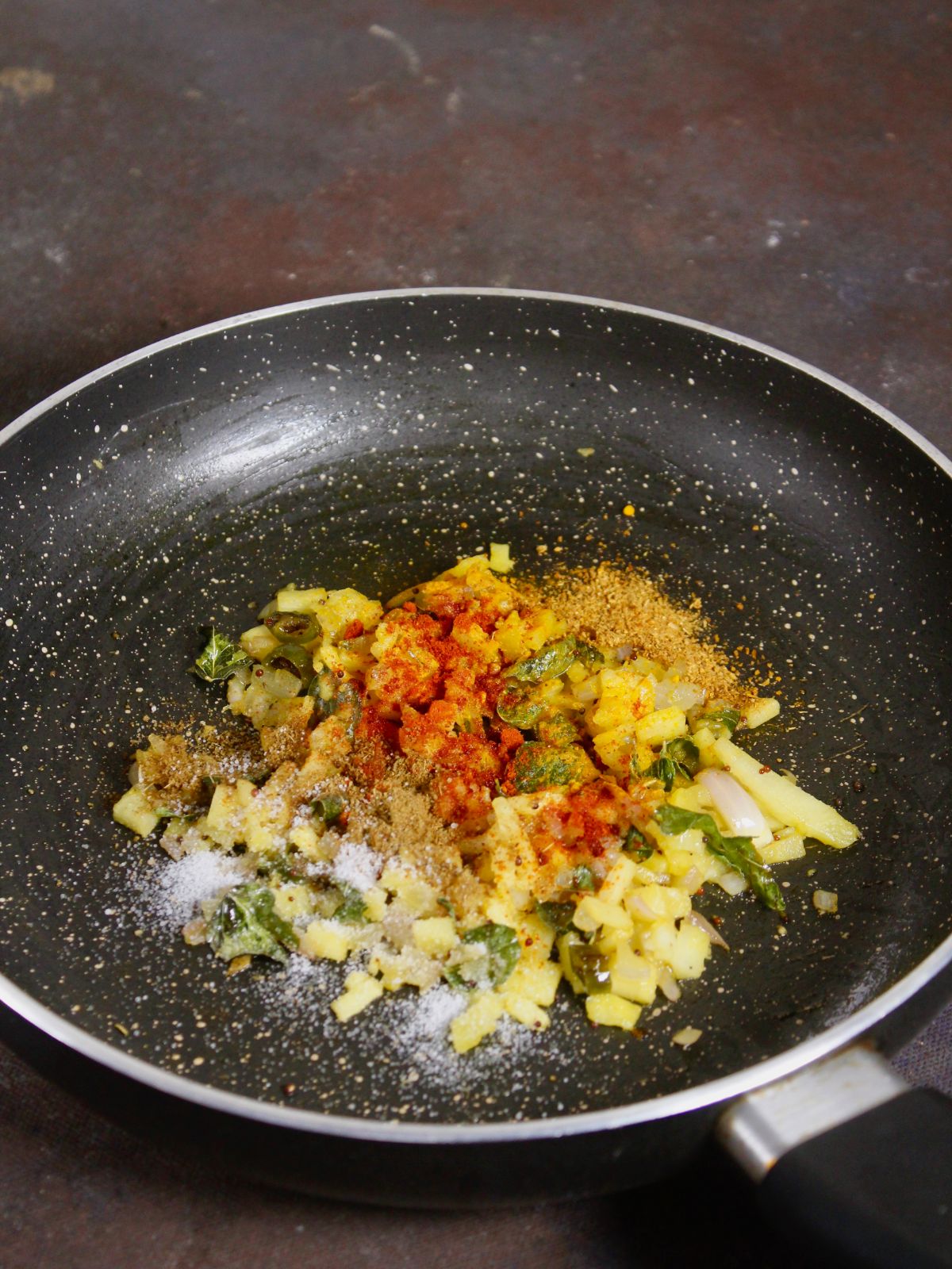 add powdered spices to the pan and mix well 