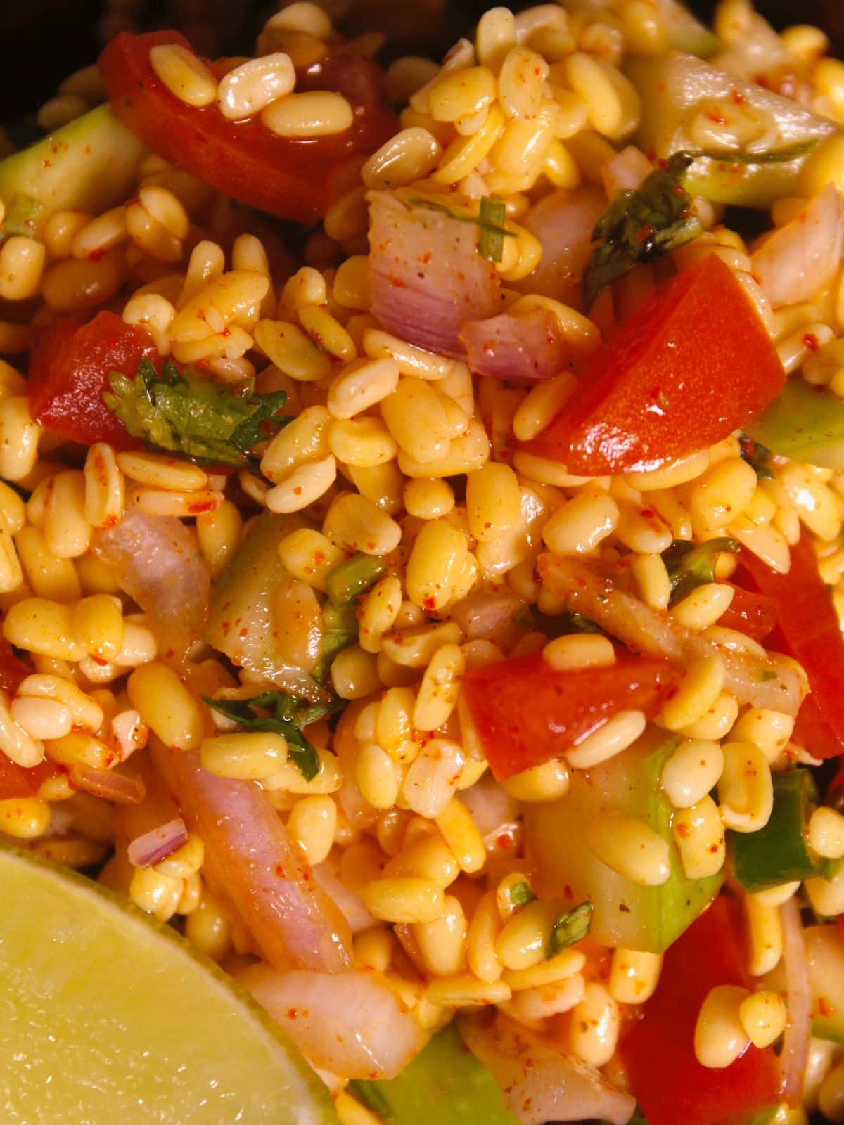 super zoom in image of vegan yellow lentil salad