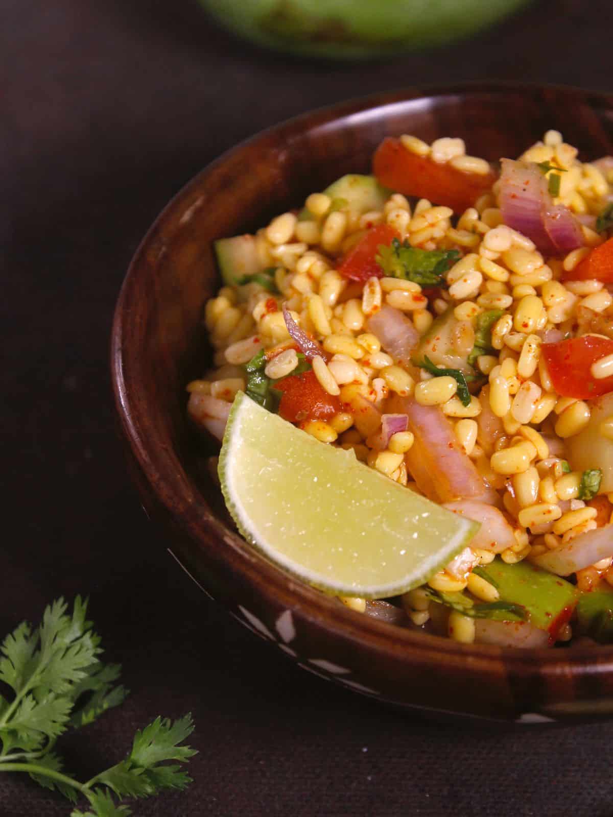 serve with lemon slice and enjoy yummy vegan yellow lentil salad