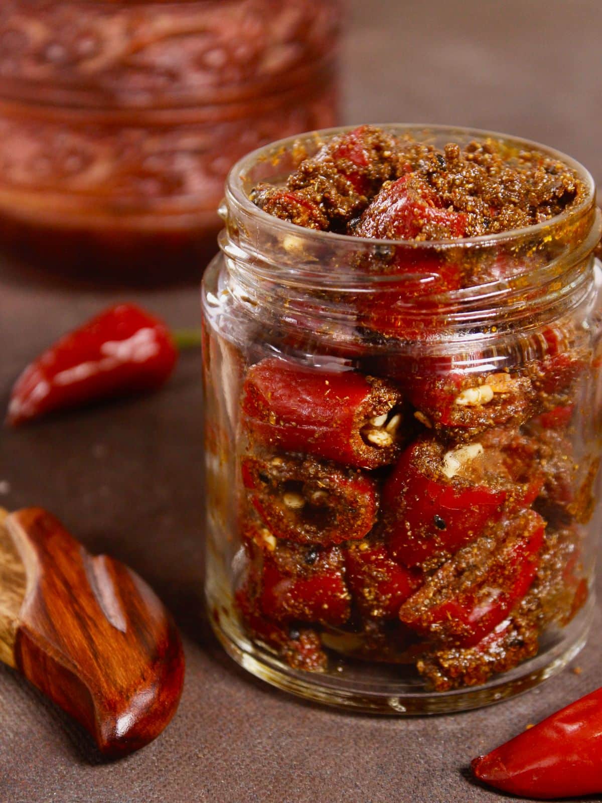 long view of side image of instant red chili pickle