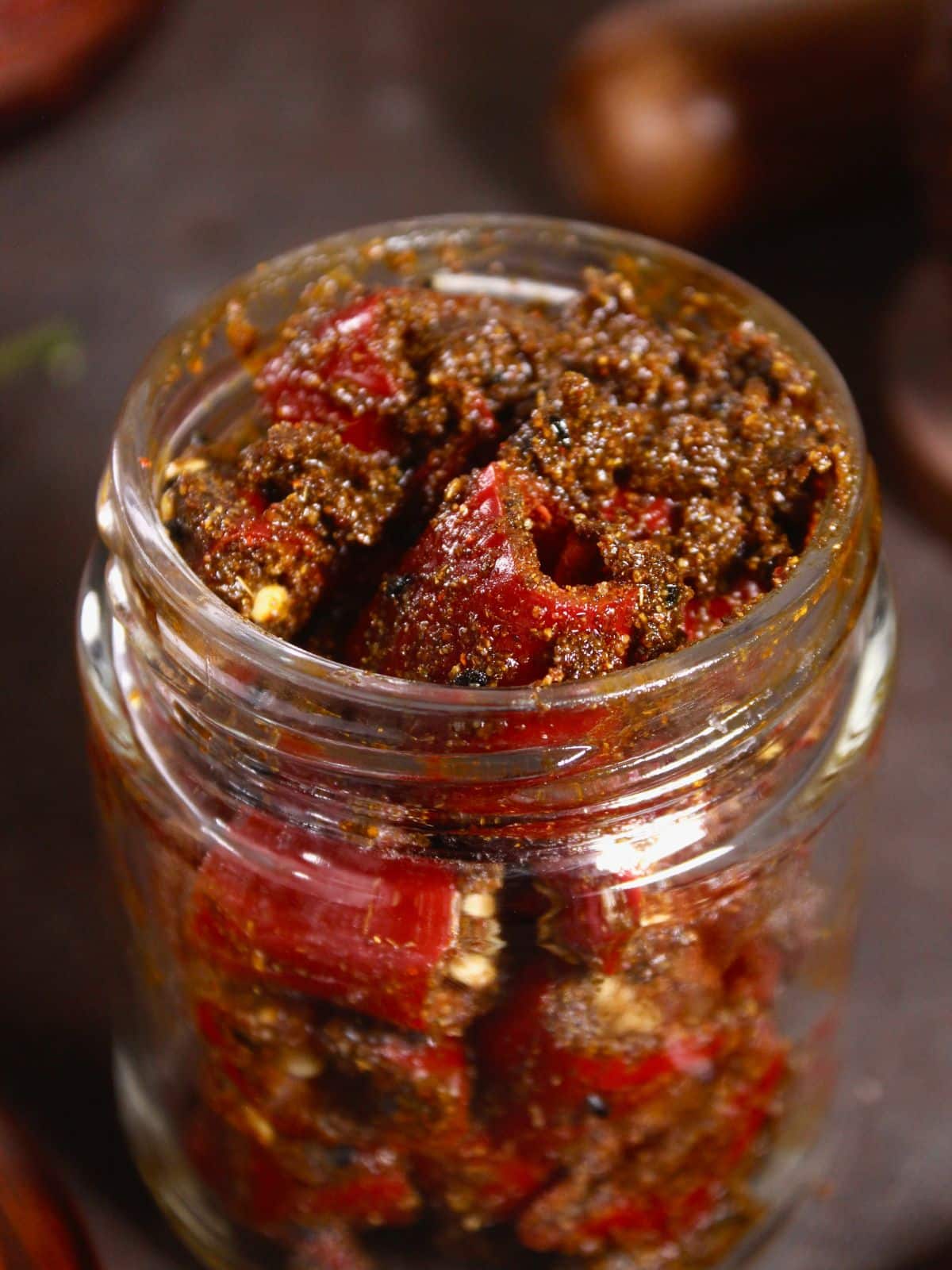 top view of instant red chili pickle