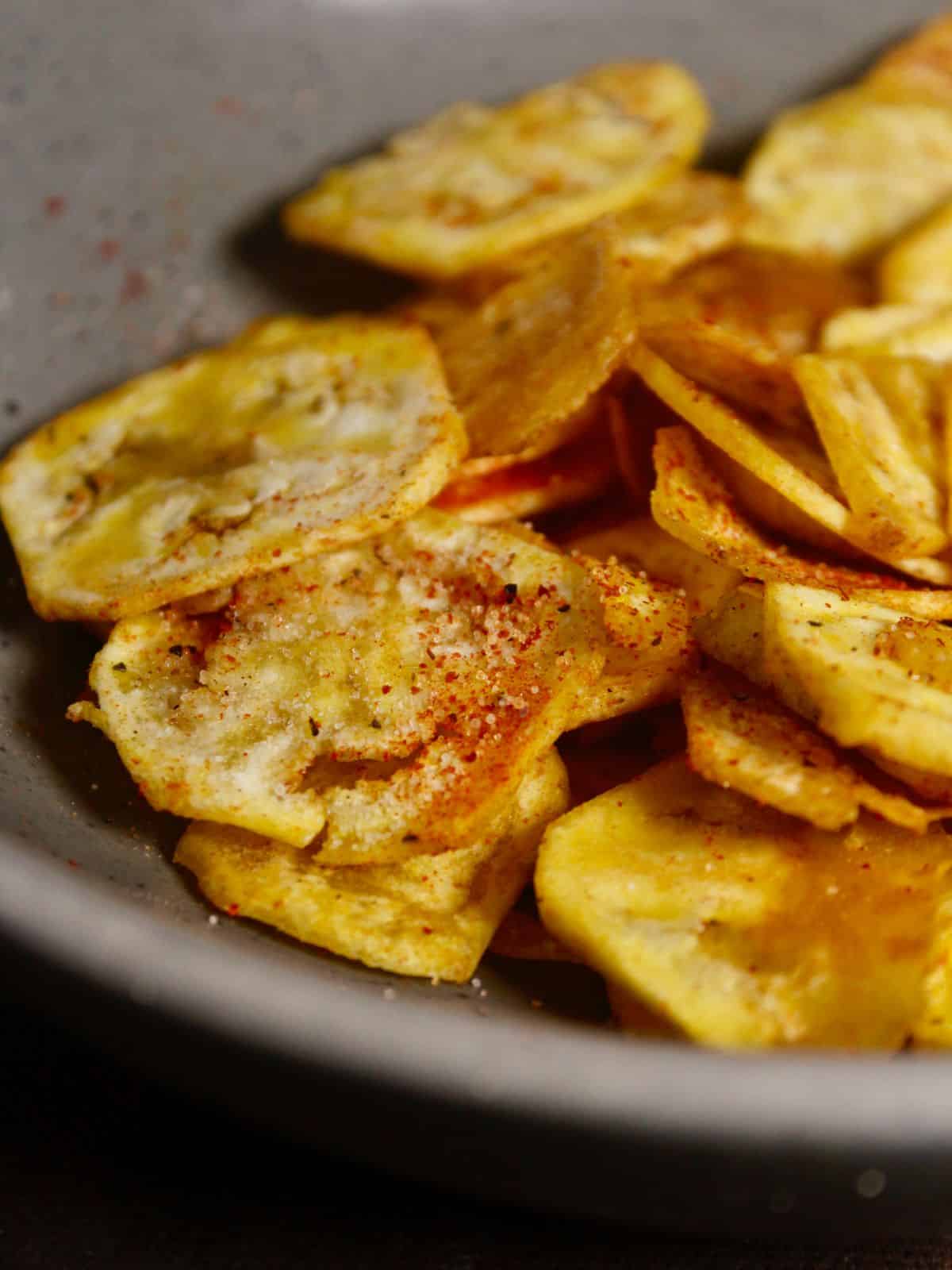 top view of red hot banana chips