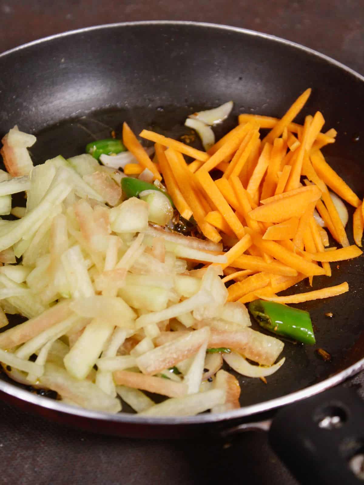 add watermelon rind and other vegetables to the pan 