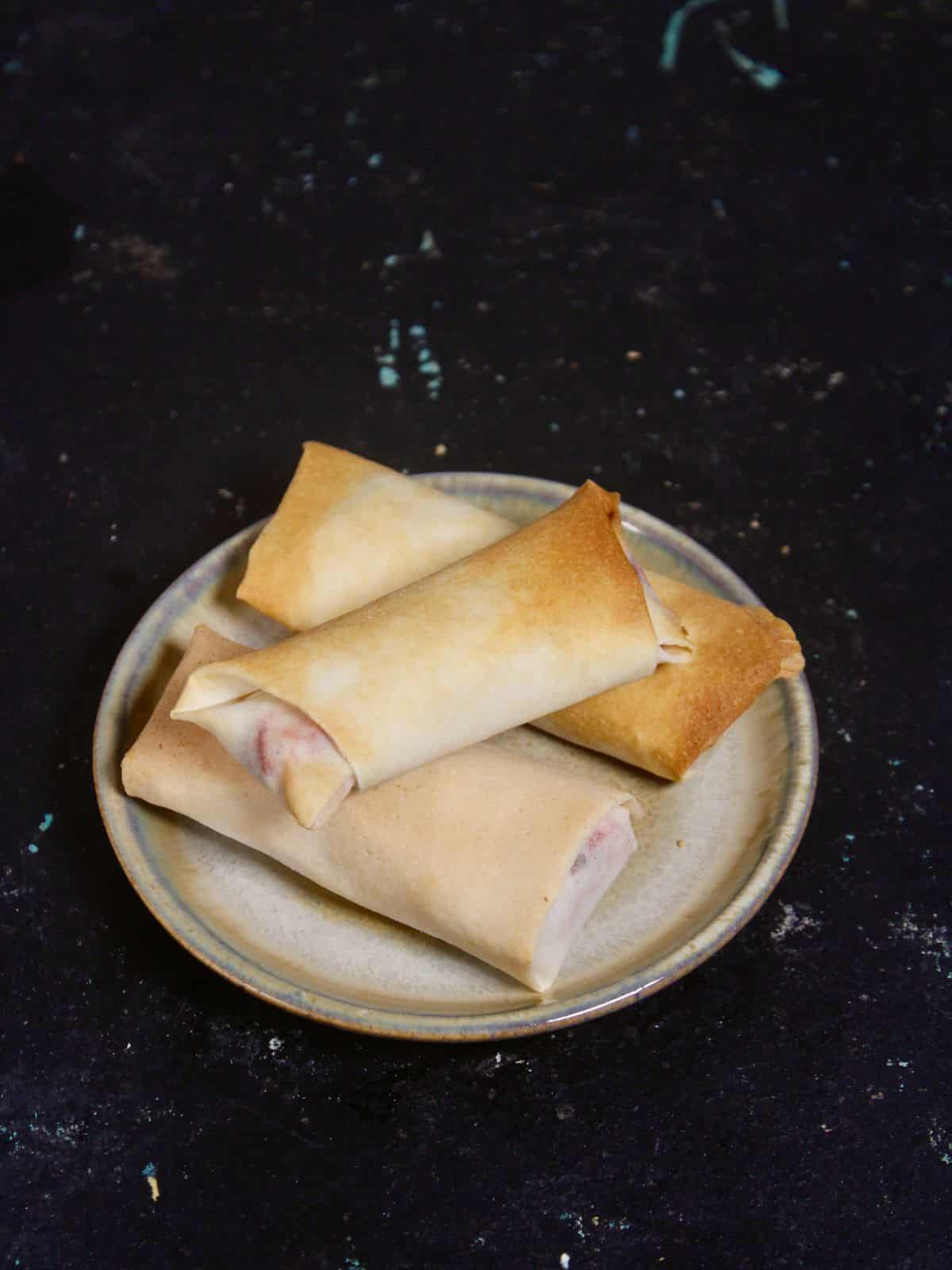 hot Air Fried Vegetable Rolls ready to enjoy with chutney and ketchup 