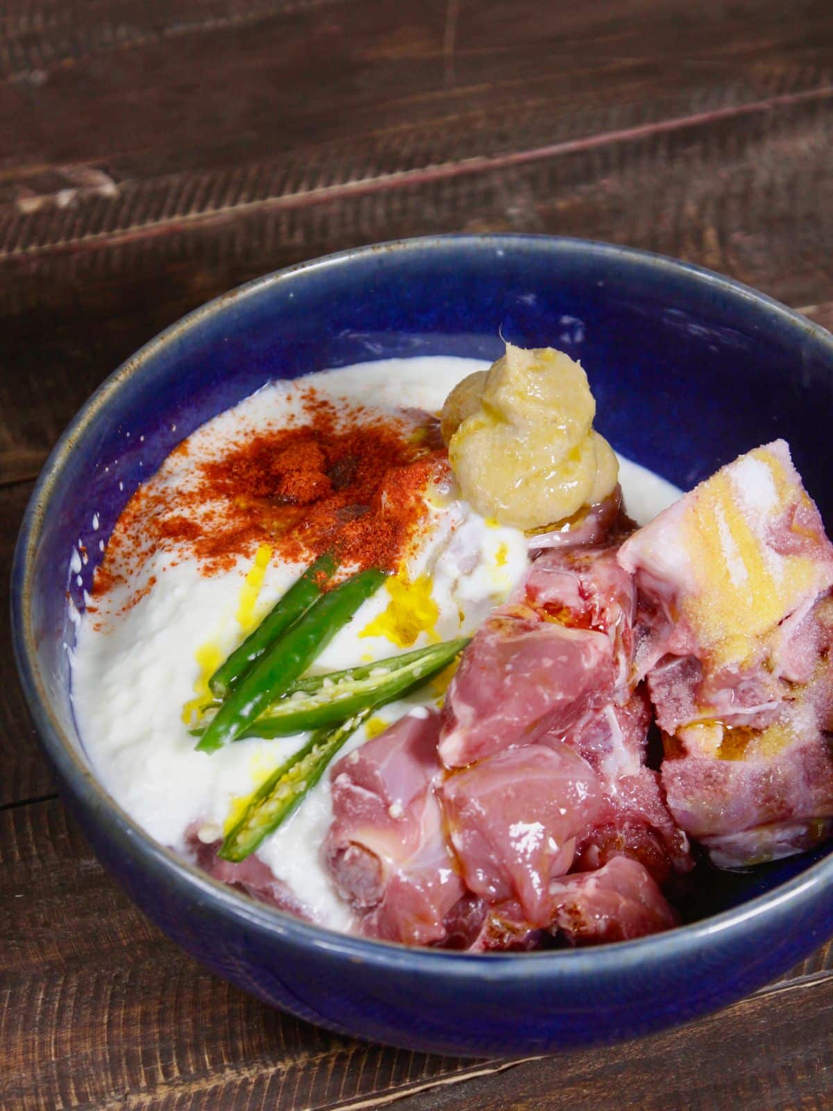 add all the ingredients for the marination along with mutton in a bowl 