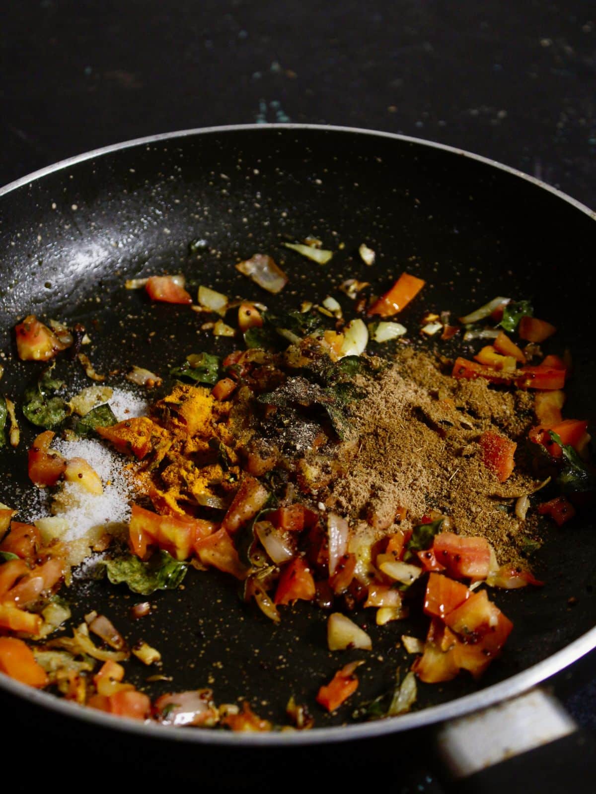 add powdered spices to the pan and mix 