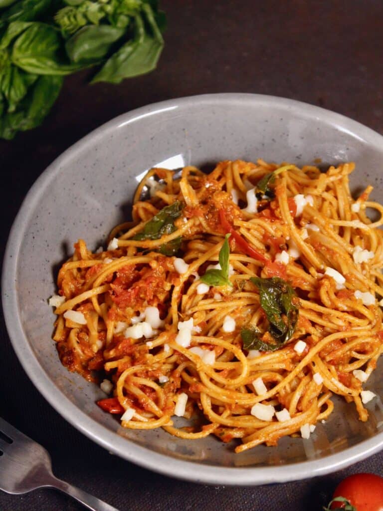 delicious spaghetti in tomato basil sauce