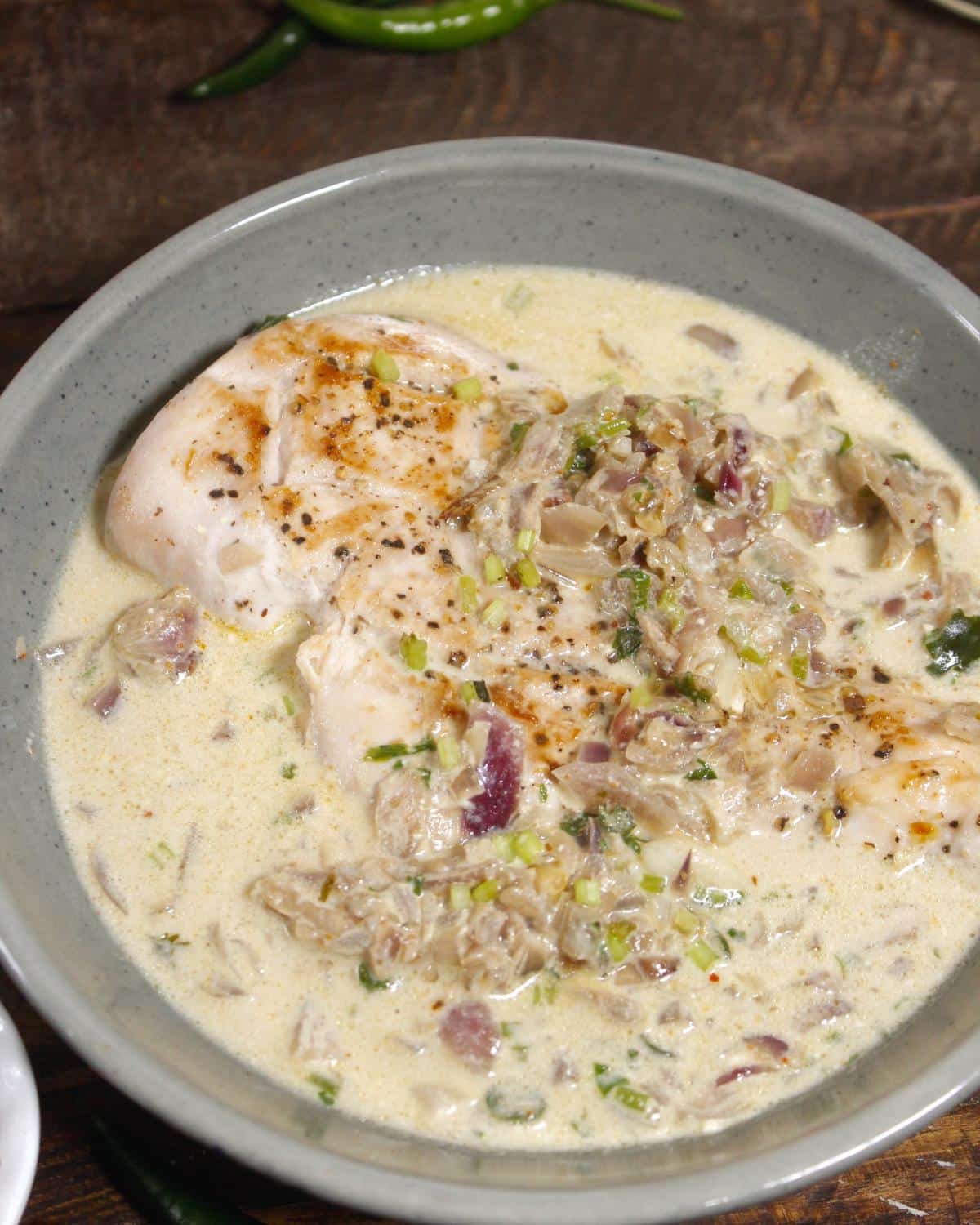 top view of chicken in cream sauce