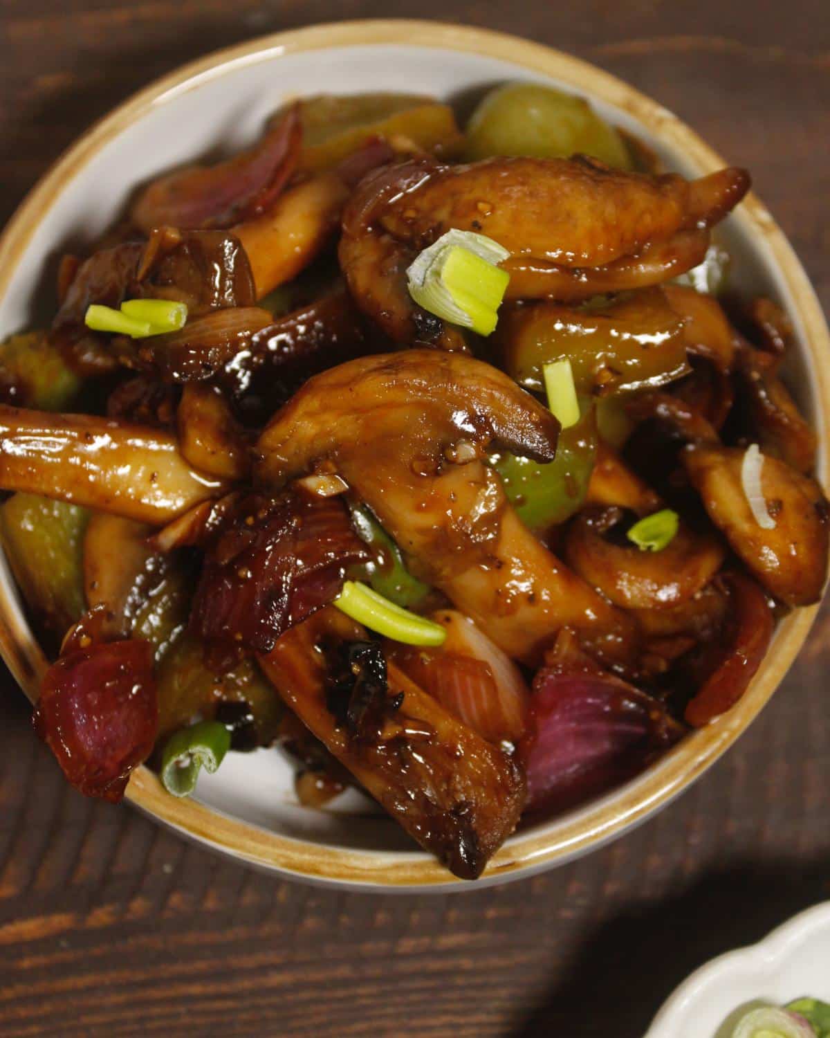 Top view of sweet and sour mushrooms