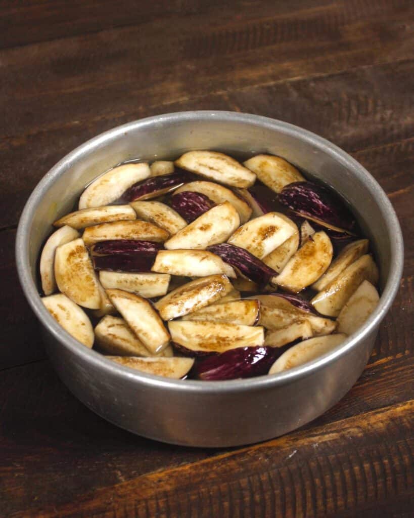 eggplant pieces in a pan 