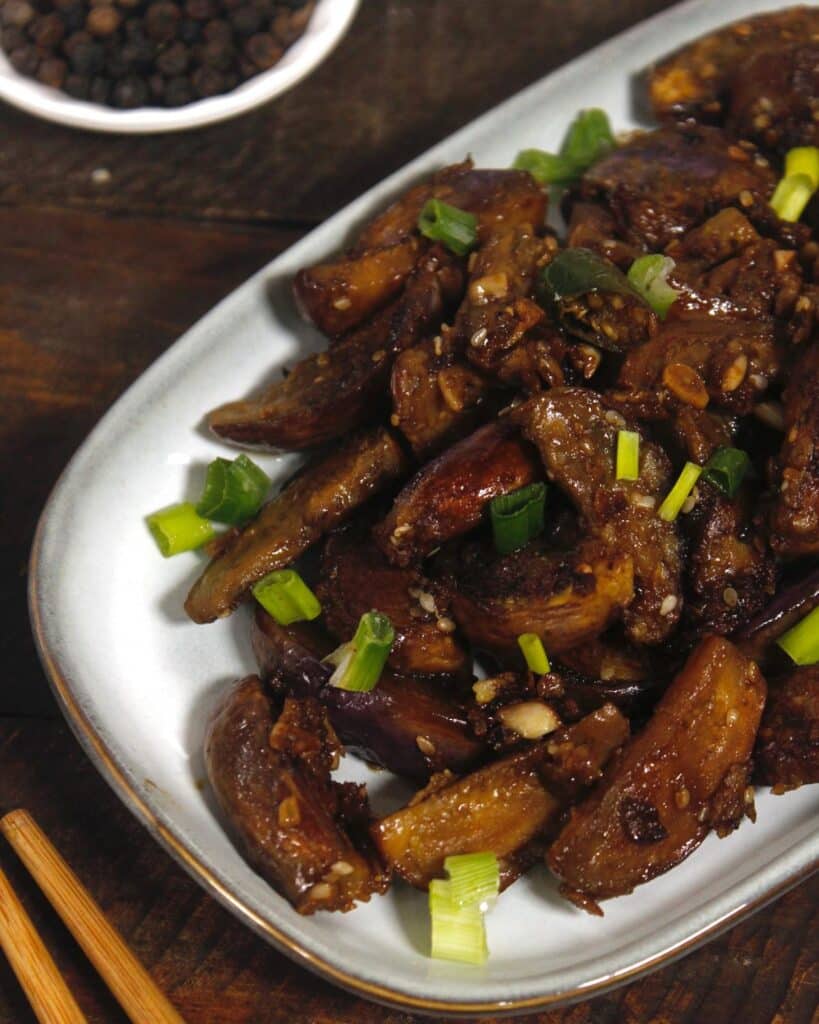 tasty eggplant in garlic sauce ready to enjoy 