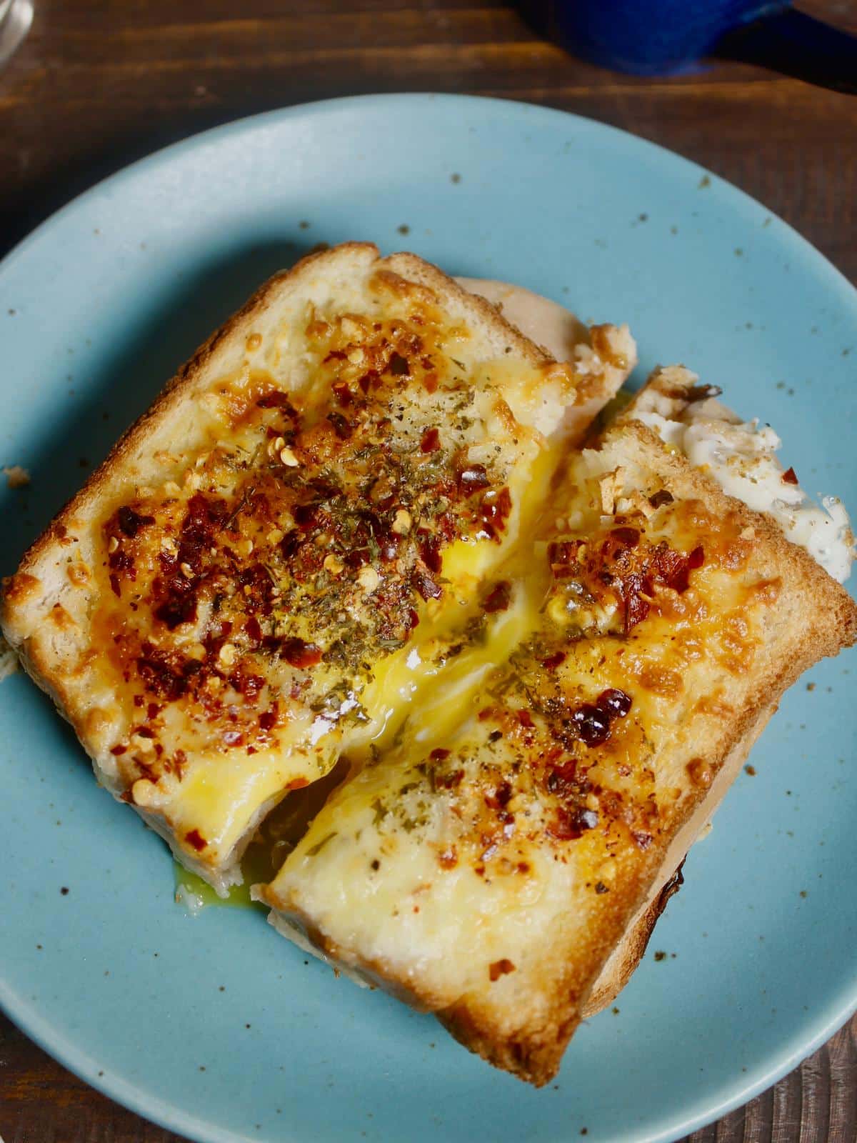 top view of air fryer ham and cheese toast