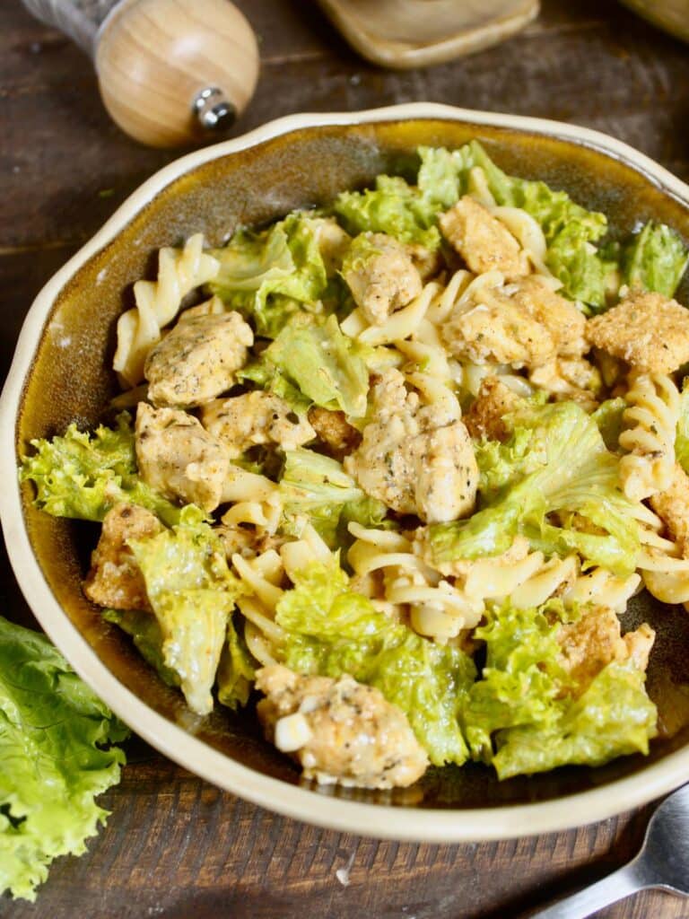 top view of Chicken Caesar Pasta Salad