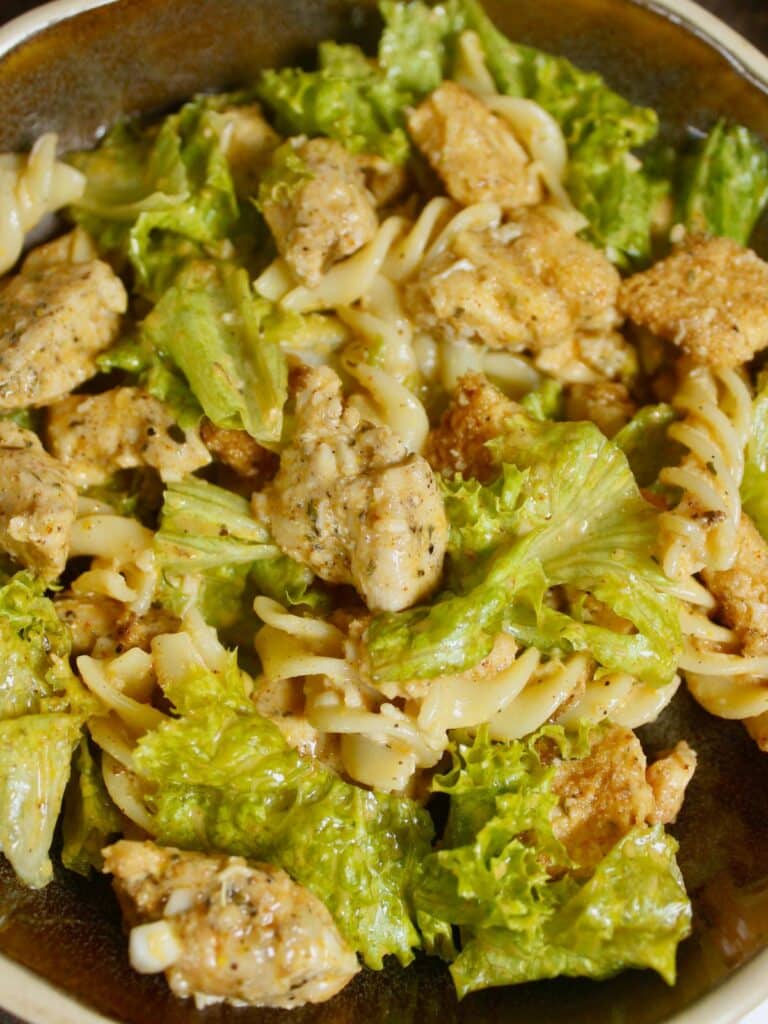 super zoom in image of Chicken Caesar Pasta Salad