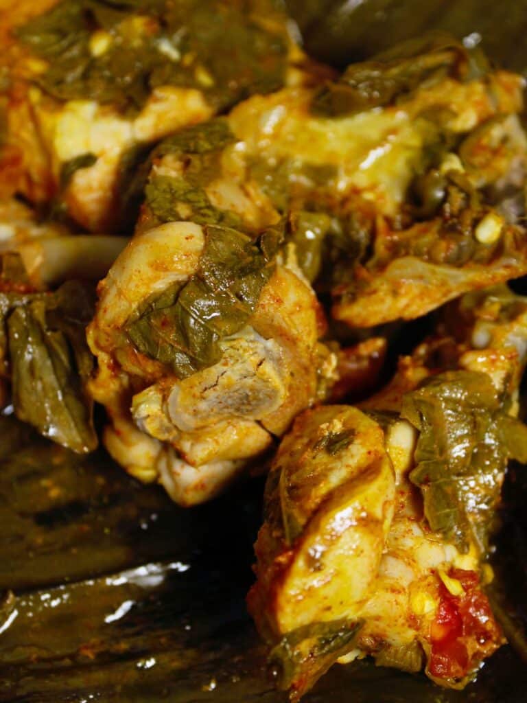 top view of chicken in banana leaf